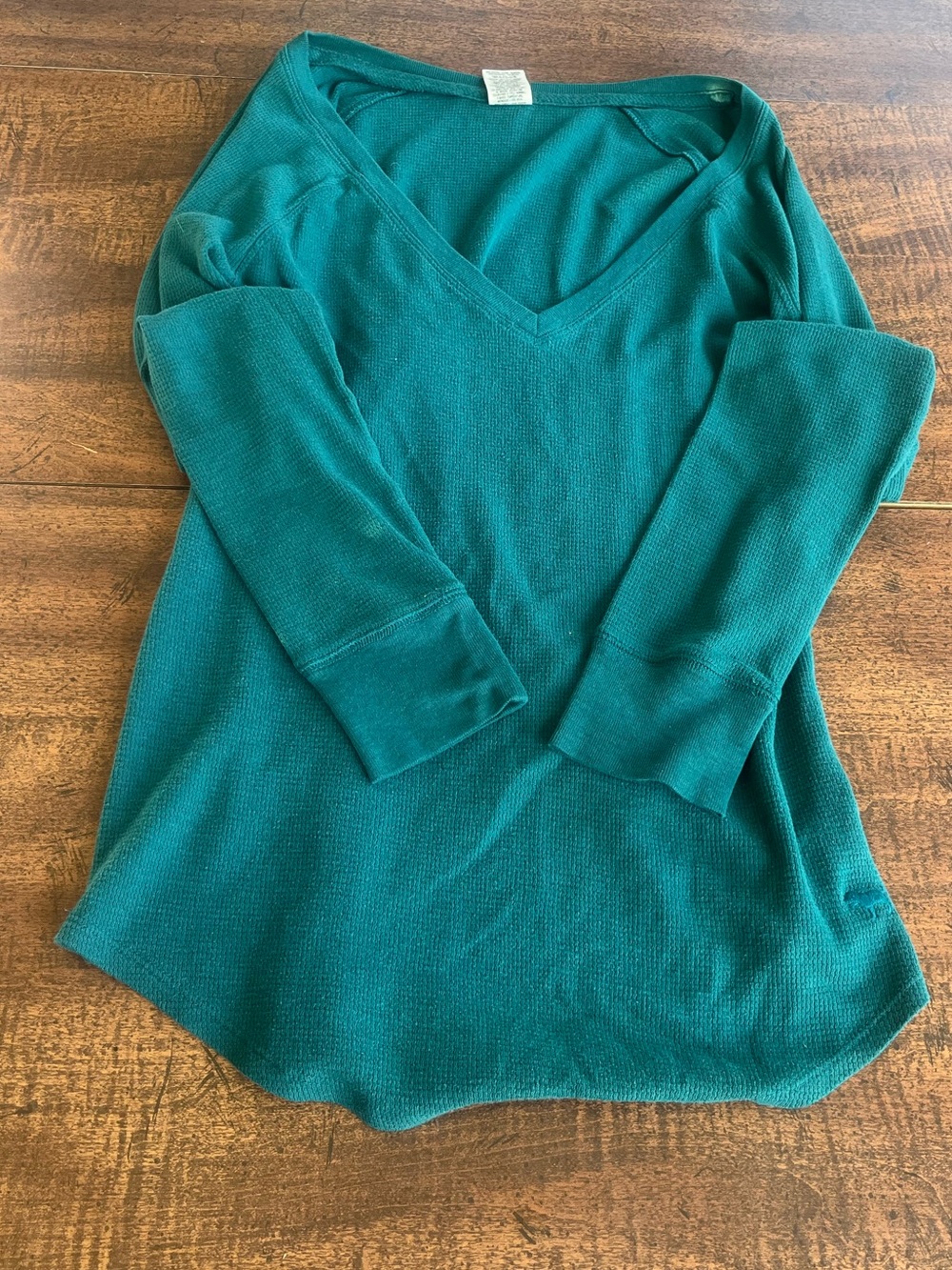 Y2K Victoria’s Secret PINK Thermal V Neck Top Teal Waffle Knit XS Long Sleeve